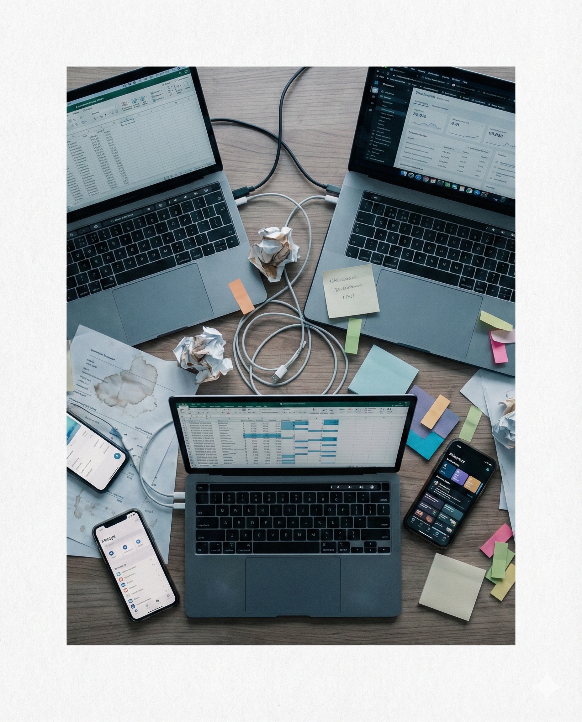 Overhead view of fragmented workspace — multiple disconnected screens, tangled cables, scattered notes